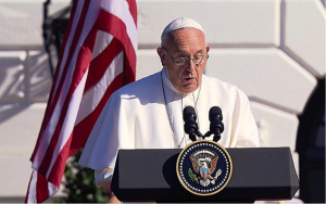 Pope Francis speaking during his visit to the White House, where he said that climate change "can no longer be left to a future generation." Source: APTN