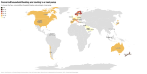 This world map shows the percentages of people in 37 countries and territories who have converted their household heating and cooling to a heat pump (a device that uses electricity more efficiently o heat and cool homes by transferring heat from one place to another). Relatively few respondents overall said they have converted their household to a heat pump, though adoption was high in a few countries. Data: International Public Opinion on Climate Change, 2023.