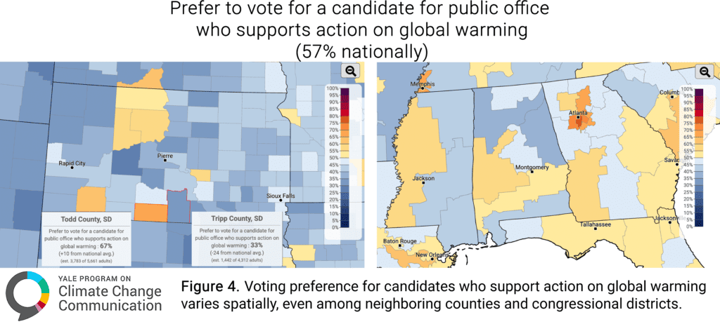These maps show the percentage of people in each county in South Dakota and each 119th congressional district in Mississippi, Alabama, and Georgia who would prefer to vote for a candidate for public office who supports action on global warming (57% nationally). The maps highlight Todd County, South Dakota (67%) and Tripp County, South Dakota (33%). Voting preference for candidates who support action on global warming varies spatially, even among neighboring counties and congressional districts. Data: Yale Climate Opinion Maps, 2025. Refer to the tool and the Methods tab on the website for more information.