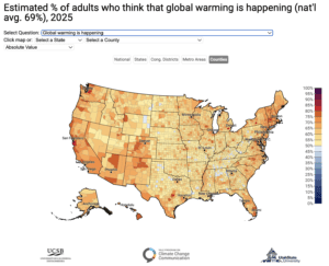 This map shows the percentage of people in the U.S. in each county who think that global warming is happening (69% nationally). Data: Yale Climate Opinion Maps, 2025. Refer to the tool and the Methods tab on the website for more information.