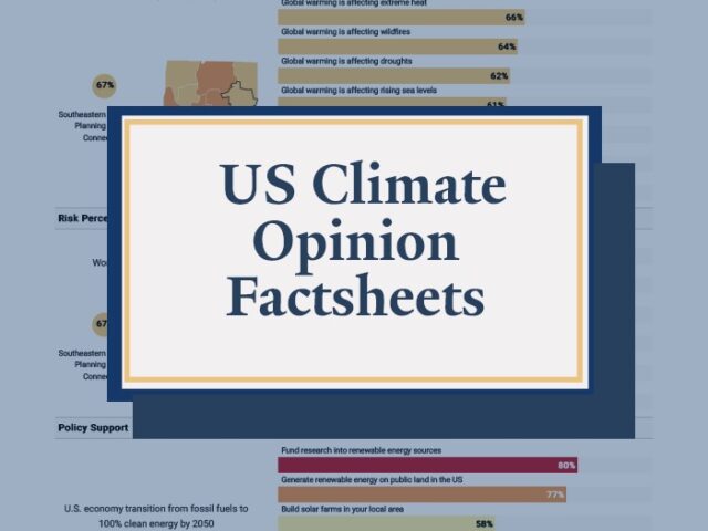 Cover image for the US Climate Opinion Factsheets, showing the title centered over a background of charts and Connecticut maps with climate change opinion data.