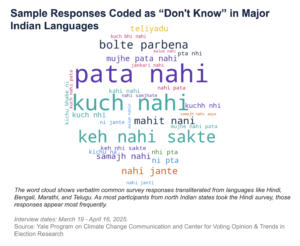 Sample responses coded as “Don’t know” in major Indian languages presented as a word cloud. Source: Yale Program on Climate Change Communication and Center For Voting Opinions & Trends in Election Research.