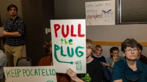 Community members attend a hearing about the approval of a new data center in Pocatello, Idaho.