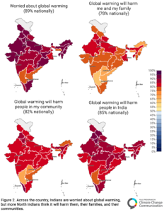 These maps show the percentage of Indians in each state who say they are worried about global warming (89% nationally), think global warming will harm them and their family (78% nationally), think global warming will harm people in their community (82% nationally), and think global warming will harm people in India (85% nationally). Across the country, Indians are worried about global warming, but more North Indians think it will harm them, their families, and their communities. Data: India Climate Opinion Maps, 2026. Refer to the tool and the Methods tab on the website for more information.