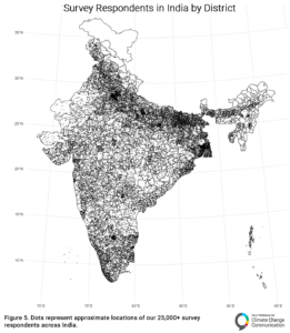 This dot map shows the approximate locations of our 25,000+ survey respondents across India by district. Data: India Climate Opinion Maps, 2026. Refer to the tool and the Methods tab on the website for more information.