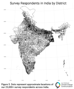 This dot map shows the approximate locations of our 25,000+ survey respondents across India by district. Data: India Climate Opinion Maps, 2026. Refer to the tool and the Methods tab on the website for more information.