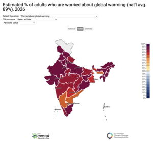 This map shows the percentage of Indians in each state who say they are worried about global warming (89% nationally). Data: India Climate Opinion Maps, 2026. Refer to the tool and the Methods tab on the website for more information.