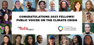 Photo of the 2023 Public Voices on the Climate Crisis cohort with text - "Congratulations 2023 Fellows! Public Voices on the Climate Crisis"