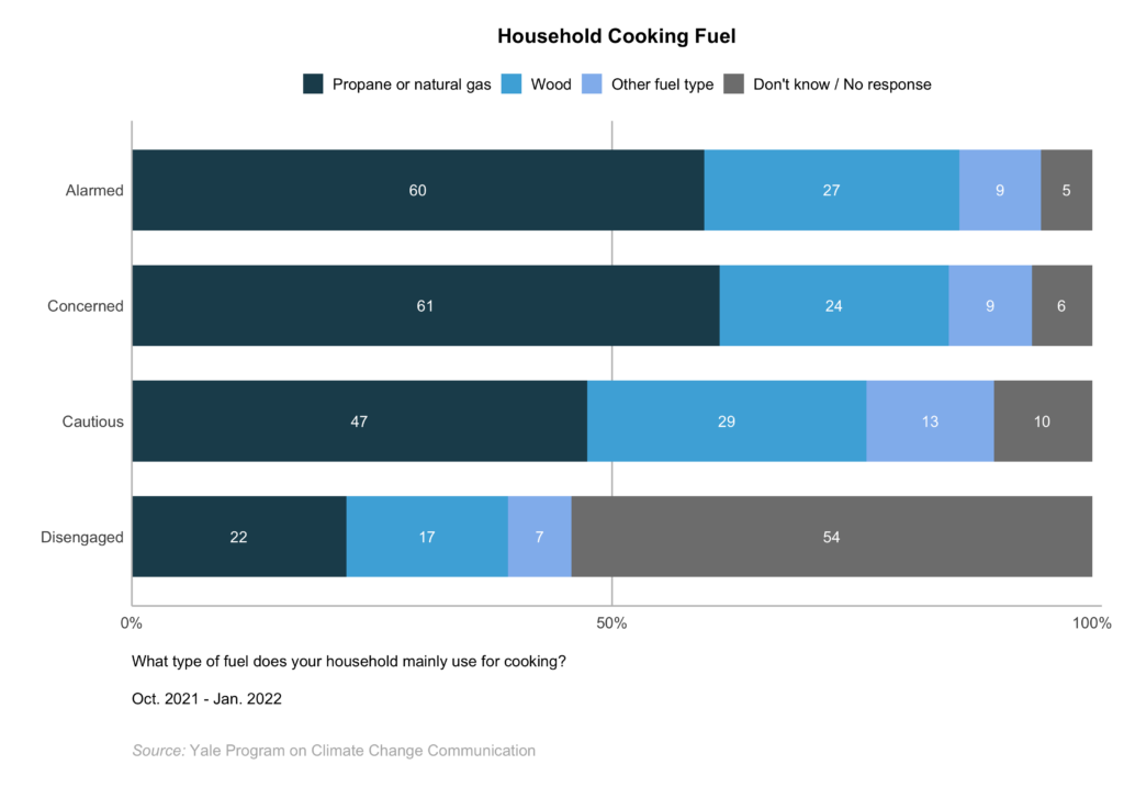 This bar chart shows how the Global Warming's Four Indias differ in household cooking fuel type. Majorities of the Alarmed and Concerned say they use propane or natural gas for cooking. Data: Climate Change in the Indian Mind, 2022.