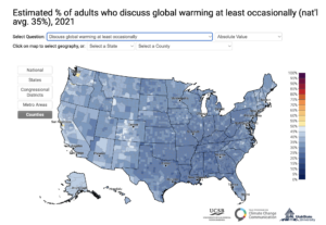 Only about a third of residents in most counties across the US say they talk about global warming at least occasionally.