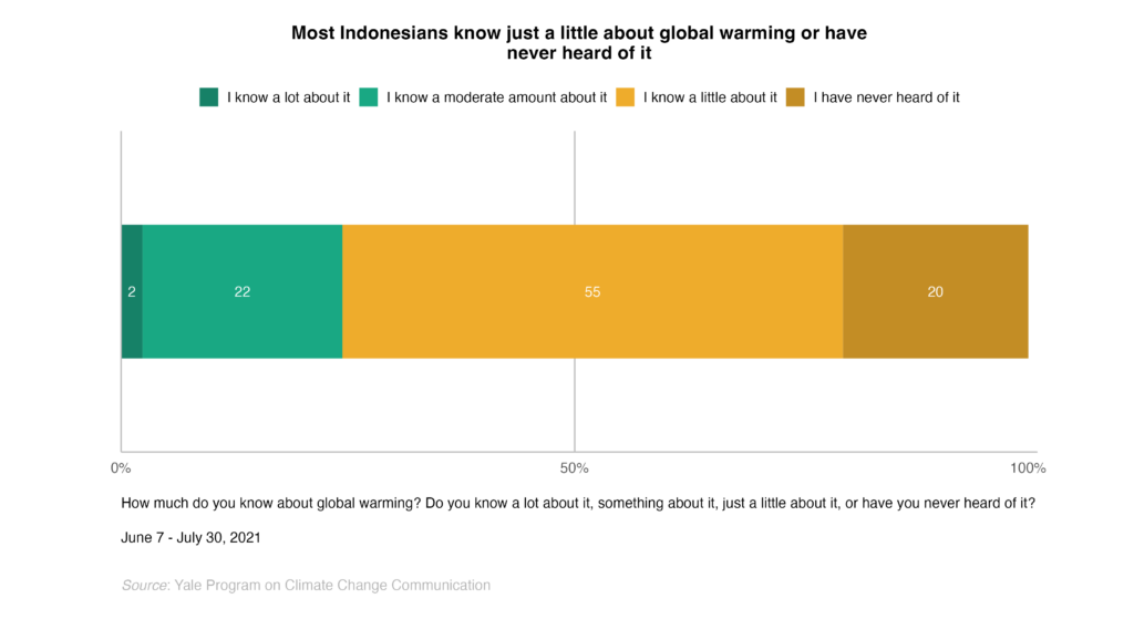 This bar chart shows the percentage of Indonesians who say they have heard of global warming. Most Indonesians know just a little about global warming or have never heard of it. Data: Climate Change in the Indonesian Mind.