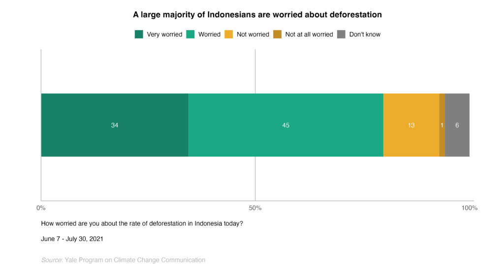 This bar chart shows the percentage of Indonesians who are worried about the rate of deforestation in Indonesia today. A large majority of Indonesians are worried about deforestation. Data: Climate Change in the Indonesian Mind.