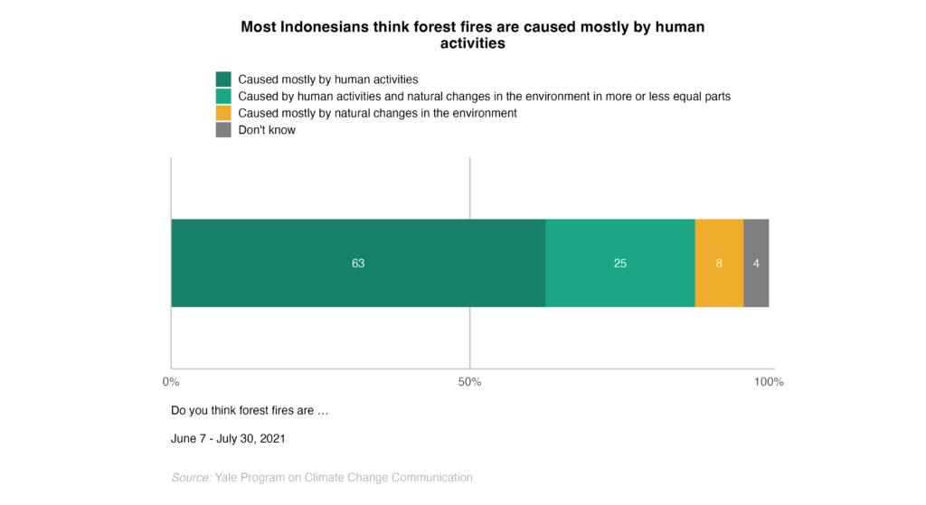 This bar chart shows the percentage of Indonesians who think forest fires are caused mostly by human activities. Most Indonesians think forest fires are caused mostly by human activities. Data: Climate Change in the Indonesian Mind.