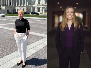 Side by side headshots. Rev. Susan Hendershot is on the left. She is shown in front of the US Capitol. She is a white woman with light hair, a black shirt, and white pants. Tiffany Hartung is pictured to the right. She is a white woman in a black suit with a purple shirt. Tiffany has light brown hair.