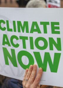 A photograph of a climate protest focused on a sign that reads “Climate Action Now.”