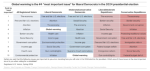 This chart shows the ranking of issues that will be "most important" when deciding who to vote for in the 2024 presidential election, among registered voters, broken down by political party and ideology. Global warming is the #4 "most important issue" for liberal Democrats in the 2024 presidential election. Data: Climate Change in the American Mind, Spring 2024. Refer to the data tables in Appendix 1 of the report for all percentages.