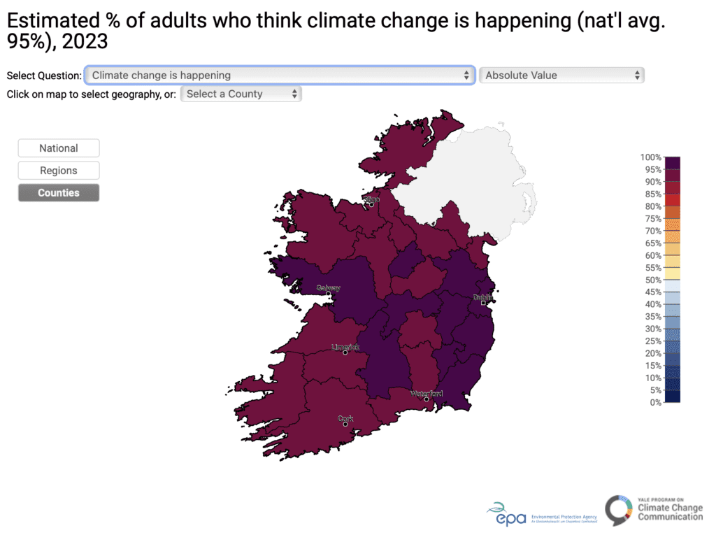 This map shows how the belief that climate change is happening varies across Ireland. The vast majority of adults in Ireland think climate change is happening (95%). This measure ranges from 93% in Cavan, Clare, and Monaghan counties, to 96% in Dublin, Galway, and Wexford counties. Data: Ireland Climate Opinion Maps from 2023.