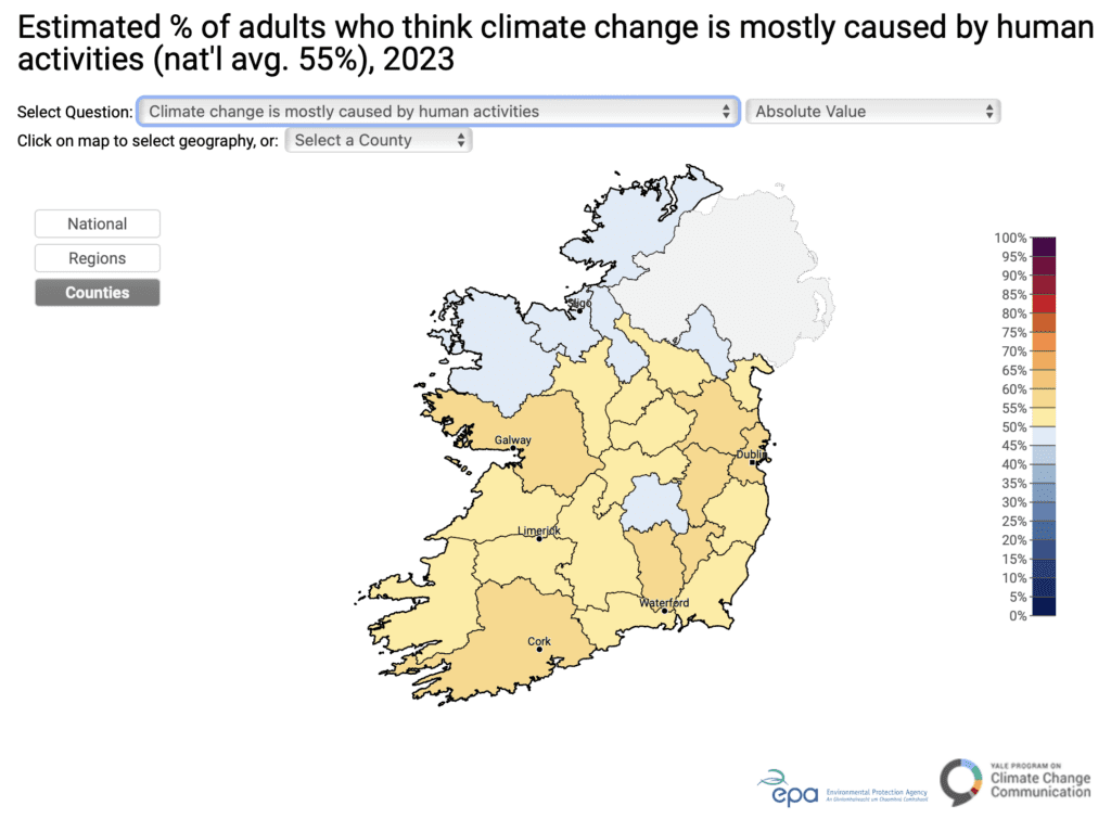 This map shows how the belief that climate change is primarily caused by human activities varies across Ireland. Only about half of adults in Ireland think climate change is mostly caused by human activities (53%). This ranges from 47% in Donegal and Sligo counties, to 59% in County Dublin. Data: Ireland Climate Opinion Maps from 2023.