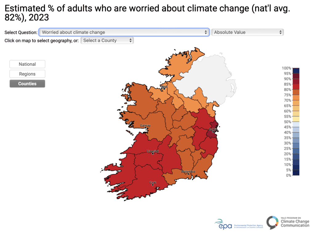 This map shows how worry about climate change varies across Ireland. More than three-fourths of adults in Ireland are worried about climate change (82%). People in counties clustered in the north of the country – Cavan, Donegal, Leitrim, Monaghan, and Sligo – are the least worried about climate change (all at 74%), and people in County Dublin are the most worried (85%). Data: Ireland Climate Opinion Maps from 2023.