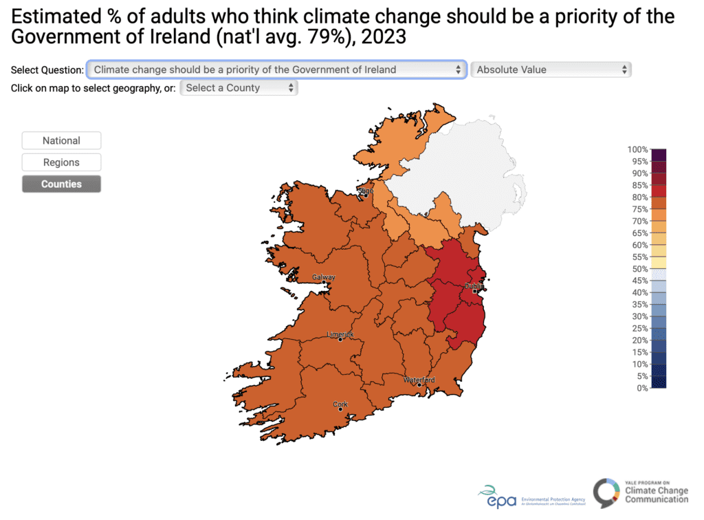 This map shows how thinking climate change should be a priority of the Government of Ireland varies across Ireland. A large majority of adults in Ireland think climate change should be a priority of the Government of Ireland (79%). The support is high in all counties, but it is lowest in Cavan, Donegal, Leitrim, and Monaghan counties (75%) and highest in Dublin and Wicklow counties (82%). Data: Ireland Climate Opinion Maps from 2023.