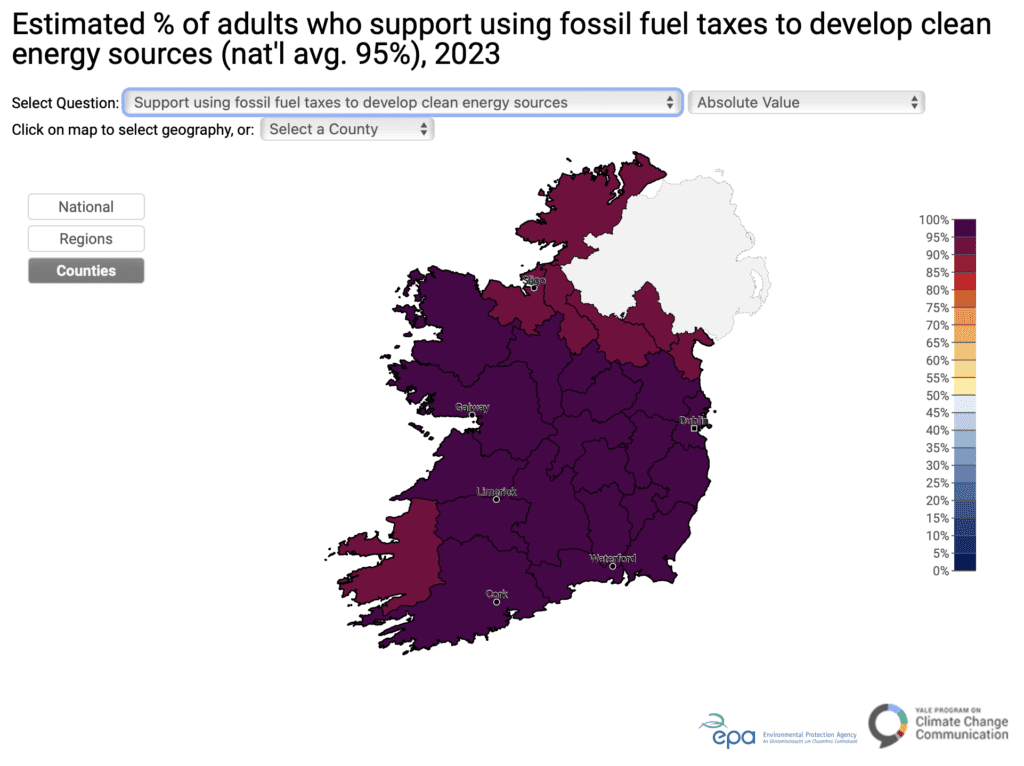 This map shows how support for using fossil fuel taxes to develop clean energy sources varies across Ireland. Nearly all adults in Ireland support using fossil fuel taxes to develop clean energy sources (95%). The support for this policy is nearly universal across Ireland with very little variation. Data: Ireland Climate Opinion Maps from 2023.