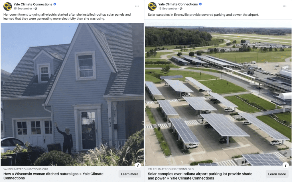 This shows two example Facebook posts from the study. One the left is a post with the headline “How a Wisconsin woman ditched natural gas,” and the one on the right has the headline “Solar canopies over Indiana airport parking lot provide shade and power.”