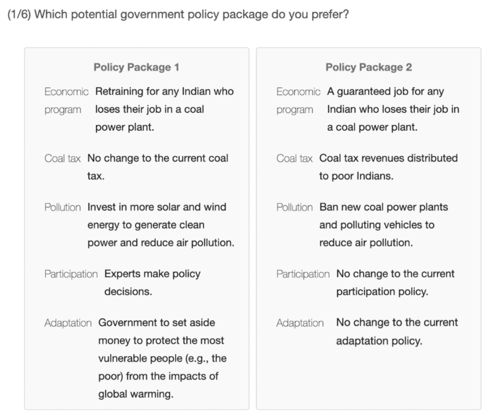 Screenshot of an example choice posed to respondents. Example includes a choice between Policy Package 1 and Policy Package 2. Policy Package 1 includes retraining for any Indian who loses their job in a coal power plant, no change to the existing coal tax, invest in more solar and wind energy to generate clean power and reduce air pollution, experts make policy decisions, and government to set aside money to protect the most vulnerable people (e.g., the poor) from the impacts of global warming. Policy Package 2 includes a guaranteed job for any Indian who loses their job in a coal power plant, coal tax revenues distributed to poor Indians, ban new coal power plants and polluting vehicles to reduce air pollution, no change to the existing participation policy, and no change to the existing adaptation policy.