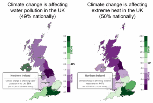 These maps show the difference from the national average of the percentage of people who think that climate change is affecting water pollution and extreme heat in the UK in all local authorities in the United Kingdom, highlighting Northern Ireland. Southern regions of the UK are more likely than northern regions to think that climate change is affecting both water pollution and extreme heat. In Northern Ireland, the public is more likely than the national average to say that climate change is affecting water pollution, but less likely to say it is affecting extreme heat. Data: Yale UK Climate Opinion Maps, 2024. Refer to the tool and the Methods tab on the website for more information.
