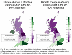 These maps show the difference from the national average of the percentage of people who think that climate change is affecting water pollution and extreme heat in the UK in all local authorities in the United Kingdom, highlighting Northern Ireland. Southern regions of the UK are more likely than northern regions to think that climate change is affecting both water pollution and extreme heat. In Northern Ireland, the public is more likely than the national average to say that climate change is affecting water pollution, but less likely to say it is affecting extreme heat. Data: Yale UK Climate Opinion Maps, 2024. Refer to the tool and the Methods tab on the website for more information.