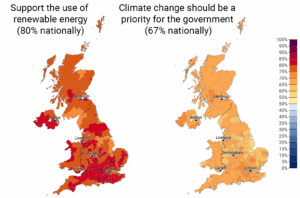 These maps show the percentage of people who support the use of renewable energy for providing electricity, fuel, and heat, and who think climate change should be a high priority for the government. There is strong, widespread, majority support for pro-climate policies across all local authorities in the UK, with 80% nationally supporting the use of renewable energy and 69% nationally saying that climate change should be a high priority for the government. Data: Yale UK Climate Opinion Maps, 2024. Refer to the tool and the Methods tab on the website for more information.