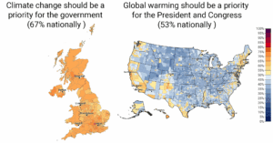 These maps show the percentage of Britons who think climate change should be a high priority for the government in the UK and the percentage of Americans who think that global warming should be a high priority for the President and Congress in the US. Compared with Americans, UK residents are less polarized in their climate views and overall, more think that climate change should be a priority for the government (67% in the UK compared to 53% in the US). Data: Yale UK Climate Opinion Maps, 2024 and Yale US Climate Opinion Maps, 2024. Refer to the tool and the Methods tab on the website for more information.