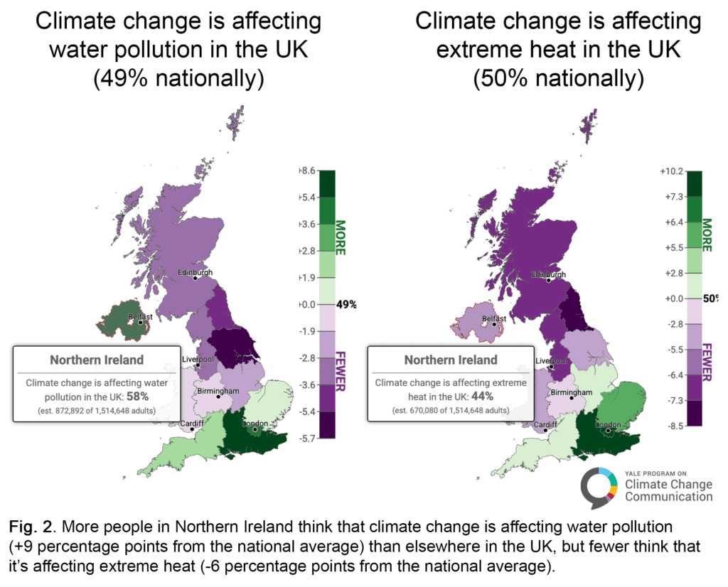 These maps show the difference from the national average of the percentage of people who think that climate change is affecting water pollution and extreme heat in the UK in all local authorities in the United Kingdom, highlighting Northern Ireland. Southern regions of the UK are more likely than northern regions to think that climate change is affecting both water pollution and extreme heat. In Northern Ireland, the public is more likely than the national average to say that climate change is affecting water pollution, but less likely to say it is affecting extreme heat. Data: Yale UK Climate Opinion Maps, 2024. Refer to the tool and the Methods tab on the website for more information.