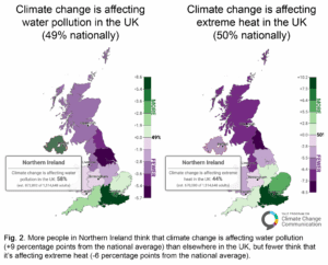 These maps show the difference from the national average of the percentage of people who think that climate change is affecting water pollution and extreme heat in the UK in all local authorities in the United Kingdom, highlighting Northern Ireland. Southern regions of the UK are more likely than northern regions to think that climate change is affecting both water pollution and extreme heat. In Northern Ireland, the public is more likely than the national average to say that climate change is affecting water pollution, but less likely to say it is affecting extreme heat. Data: Yale UK Climate Opinion Maps, 2024. Refer to the tool and the Methods tab on the website for more information.